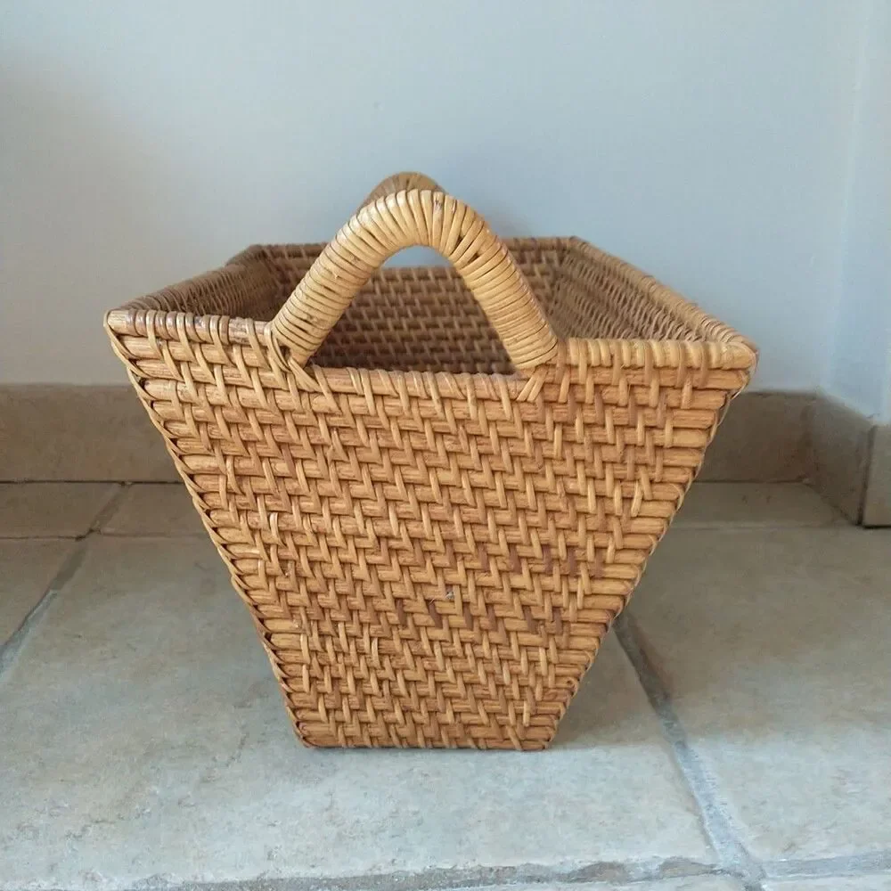 Wicker Rattan Basket Tight Braid Double Handle Rectangle Brown Cottage Indonesia